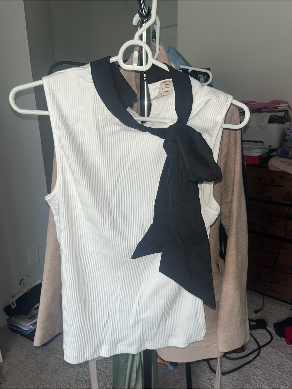 dolan White Ribbed Sleeveless Tank with Black Neck Tie